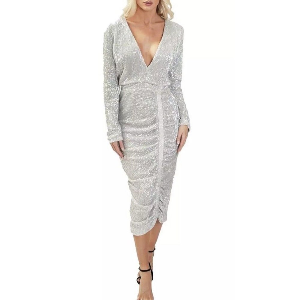 Lavish Alice Silver Sequin Ruched Wrap Dress